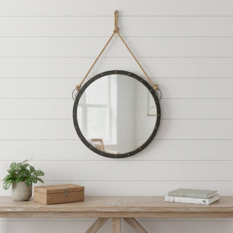 HomeRoots 39" Black Metal Round Framed Accent Mirror - 2.0L x 27.0W x 39.0H