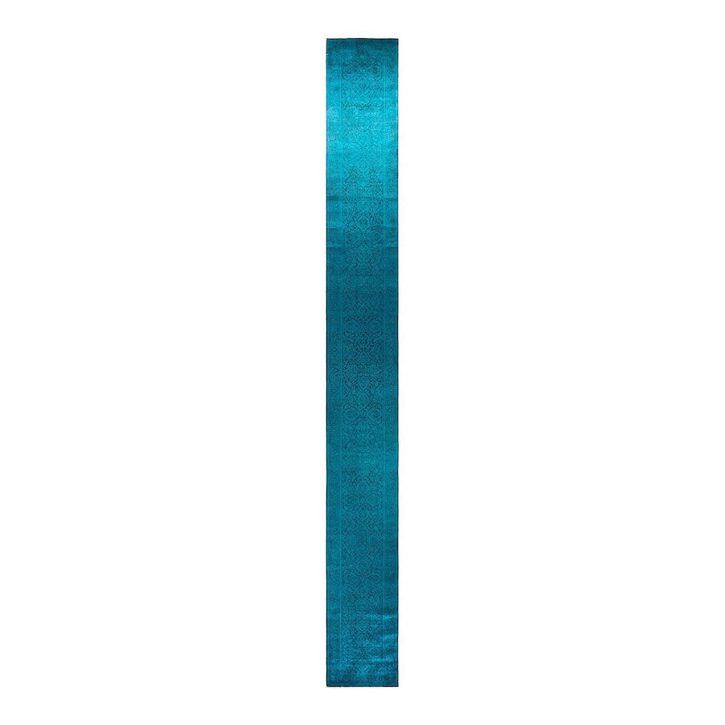 Overton Hand Knotted Wool Vintage Inspired Modern Contemporary Overdyed Blue Runner Rug - 2' 6" x 23' 9"