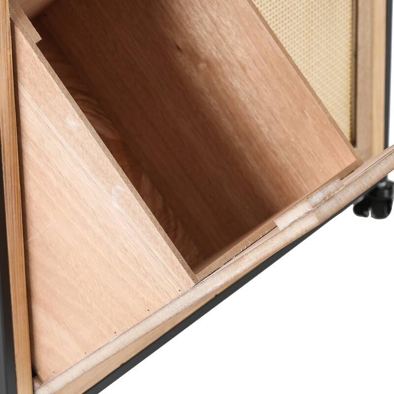 Brown and Black Mobile Natural Wood Double Tilt-Out Laundry Hamper Storage Cabinet