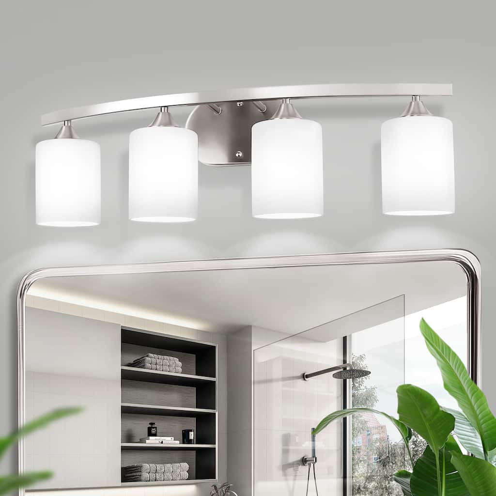 YANSUN 28.0 in. 4-Light Nickel Industrial Vintage Vanity Light Fixtures for Bathroom with White Glass Shades - 28*8.5*6.3