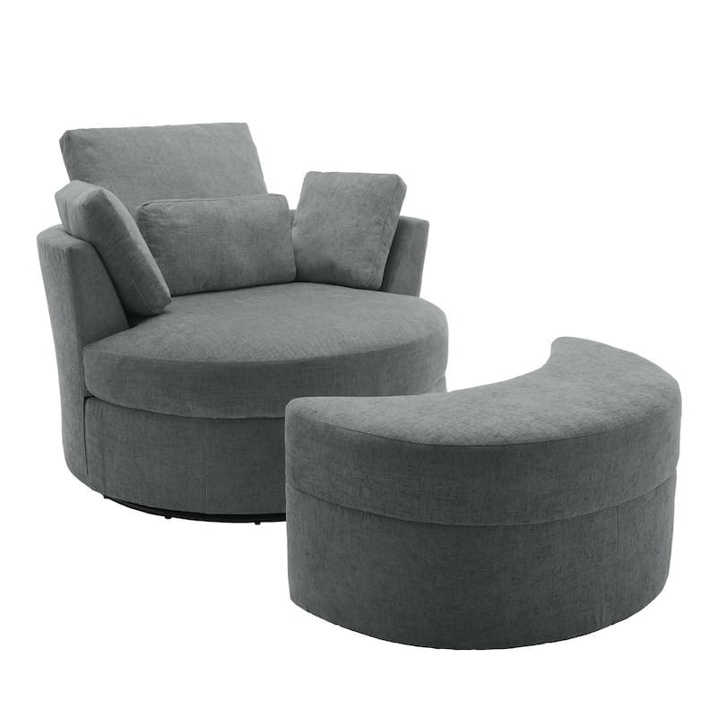 Upholstered Swivel Accent Chair with Wooden Tray Storage Ottoman