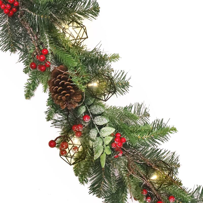 6ft Artificial Mixed Frosted Berry Twig Pine Cone & Pine Christmas Garland with Geometric Octagon String Light Set