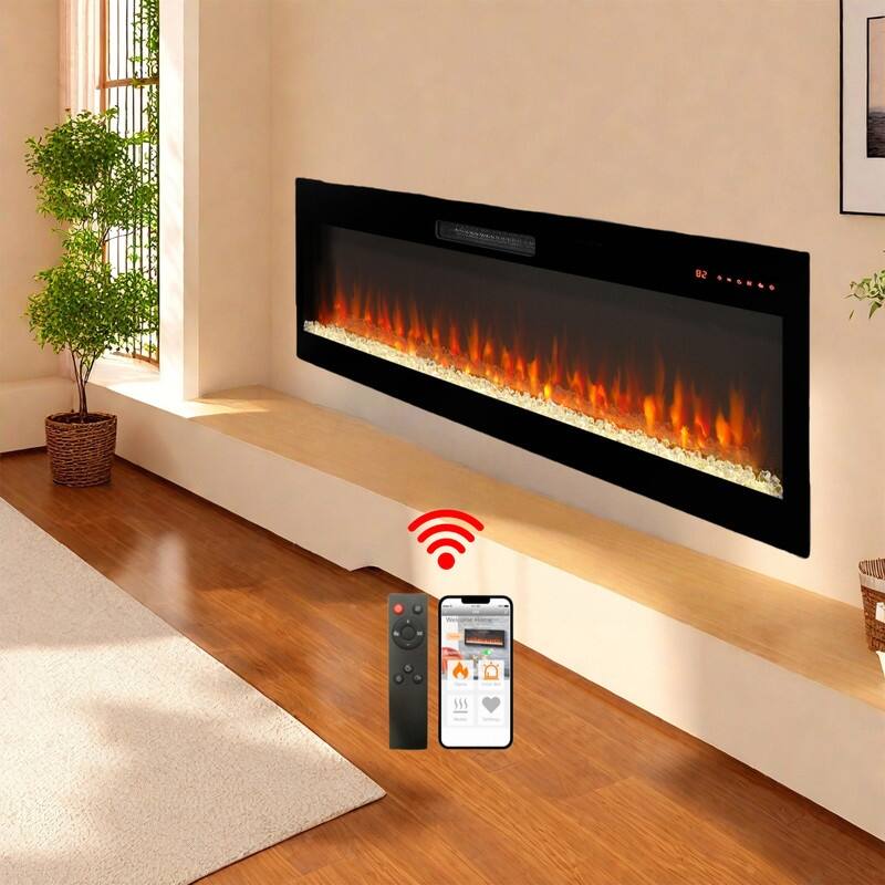 50/60 in. Smart WiFi-Enabled Wall Mount & Recessed Electric Fireplace Heaters in Black, 1400W/5000BTU