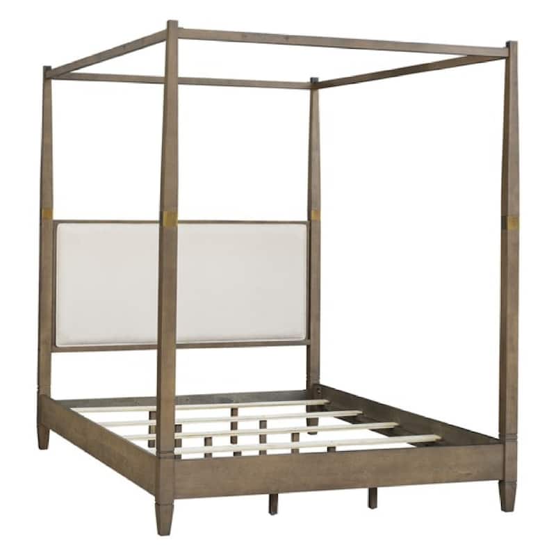 Roomfitters Modern Queen Canopy Bed Frame, Brown Solid Wood with Upholstered Headboard and Gold Metal Accents for Bedroom
