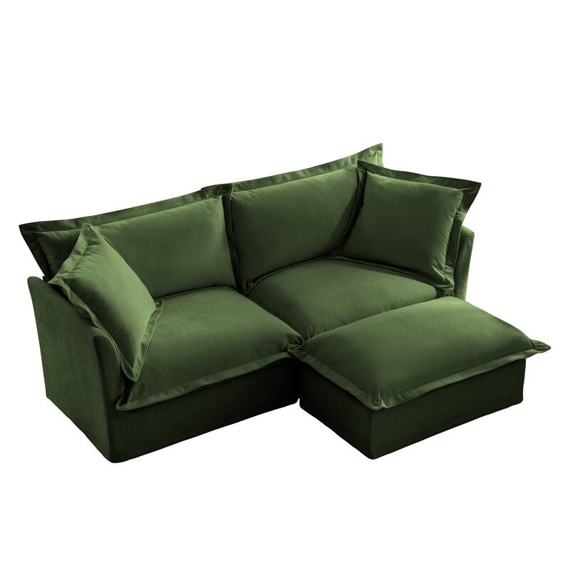 Modern 2 Seater Upholstered Sofa with 1 Ottoman and 2 Pillows