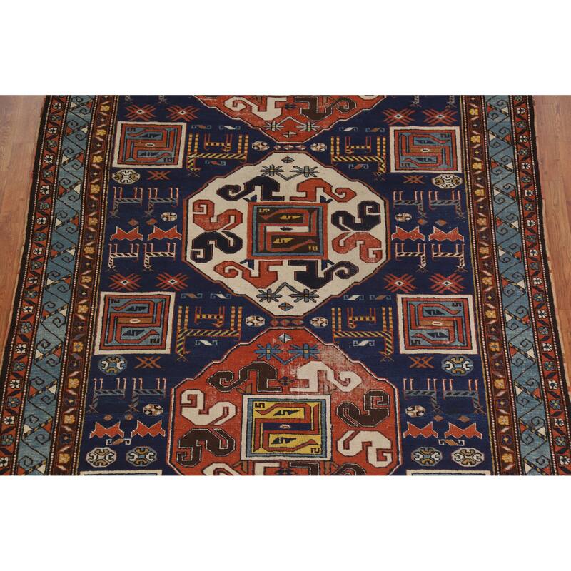Hand Knotted Oriental 100% Wool Carpet Traditional Tribal Navy Blue & Blues Kazak Area Rug - 10' 0'' X 6' 7''