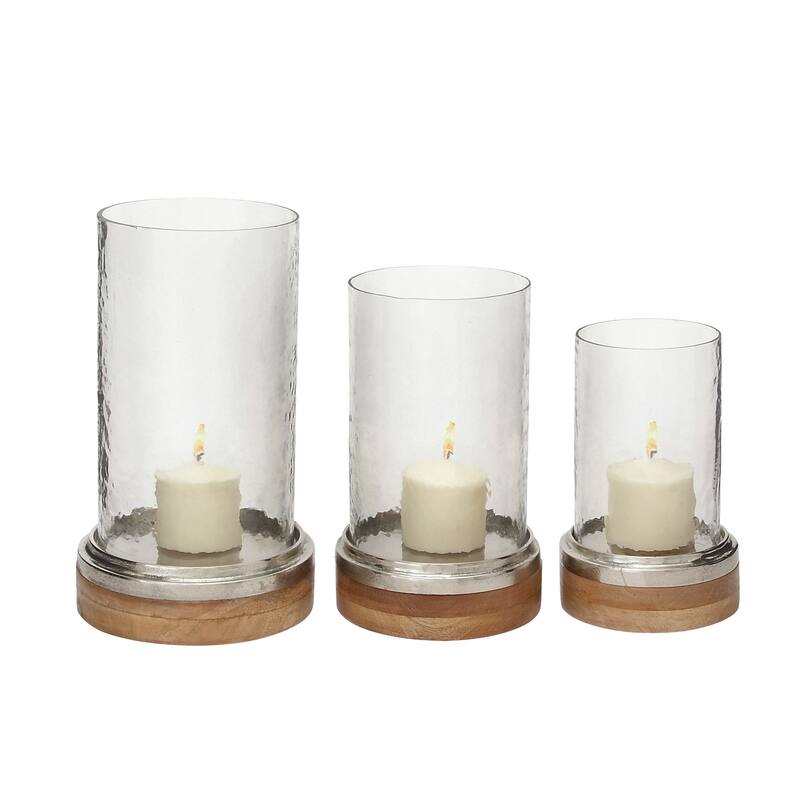 Brown Wood Pillar Hurricane Lamp with Glass Candle Holders (Set of 3)