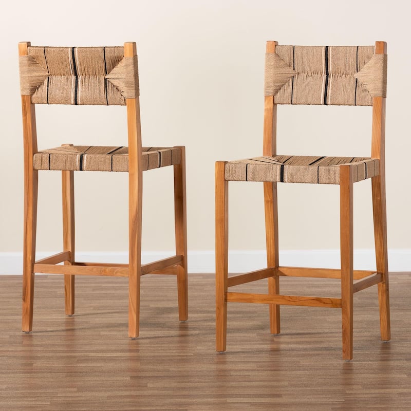 Prita Bohemian Paper Loom and Mahogany Wood 2-Piece Bar Stool Set