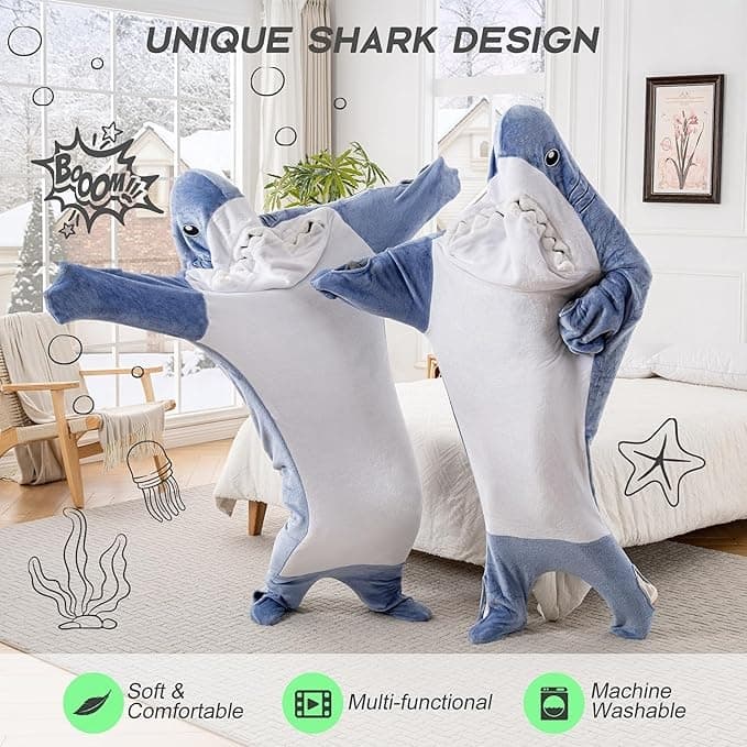 Shark Snuggle Hoodie with Shiny Eyes and Teeth, Flannel Shark Blanket, Shark Onesie Sleeping Bag