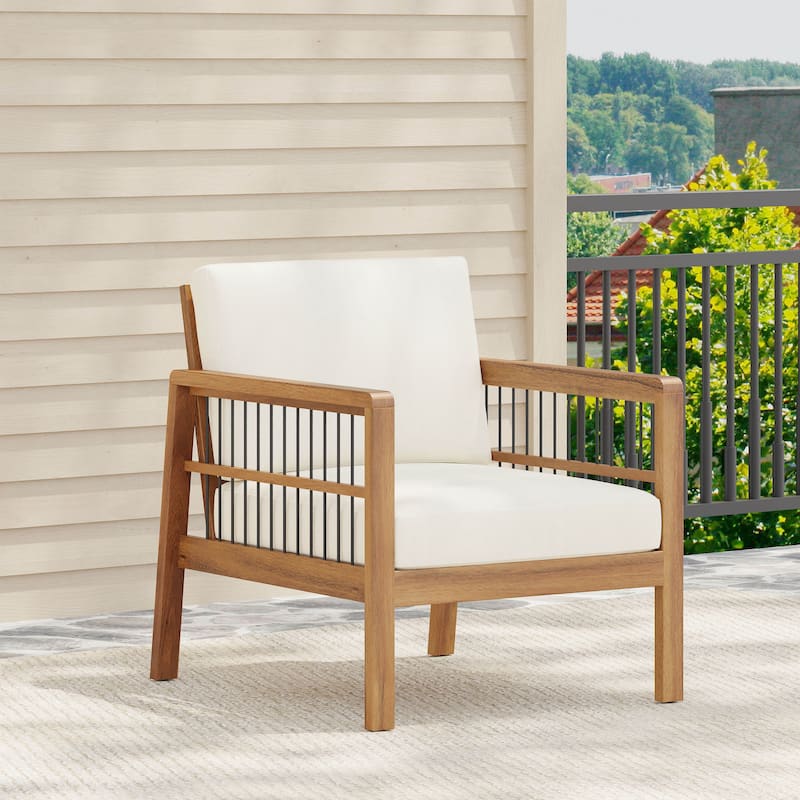 Roomfitters Acacia Wood and Wicker Outdoor Club Chair with Deep Seating and Cushion for Porch or Garden, Teak+Beige