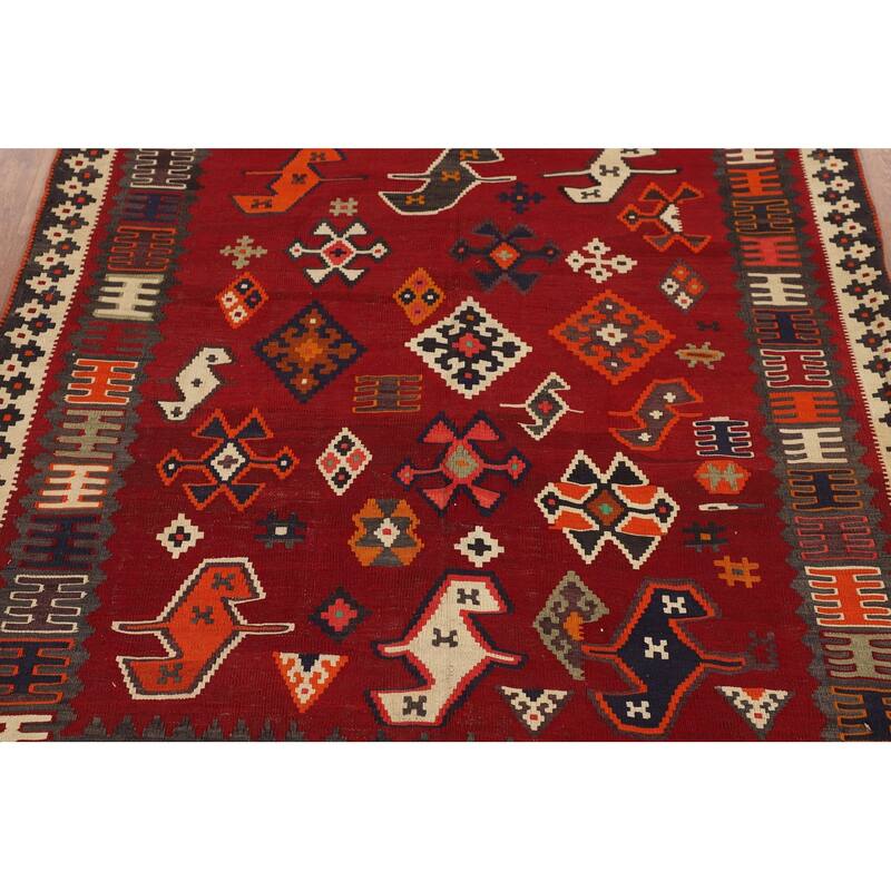 Kilim Qashqai Persian Vintage Area Rug Hand-Woven Red Wool Carpet - 4'8"x 6'7"