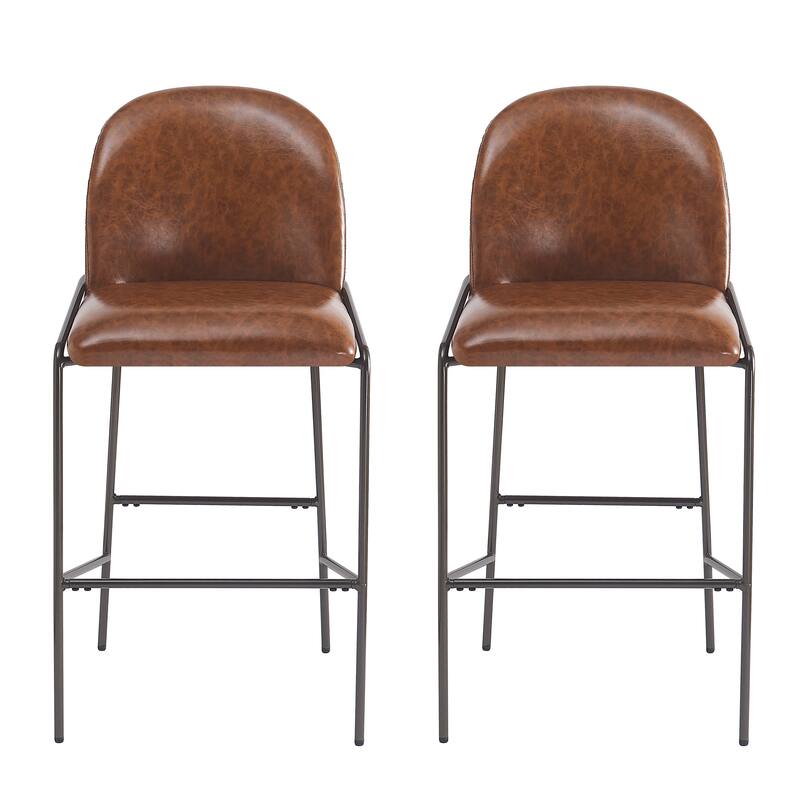 Faux Leather Upholstered Bar Stools Set of 2, Breakfast Bar Chairs with Curved Backrest, Kitchen Stools with Metal Footrest