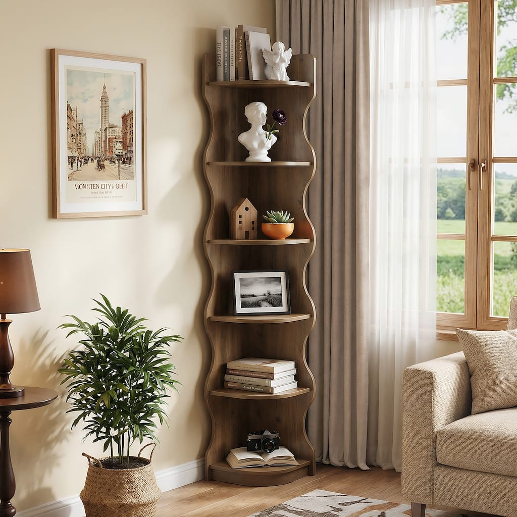 Corner Bookcase, 70.8'' Tall Corner Shelf Storage Display Rack - 13.8'' W × 13.8'' D × 70.8'' H