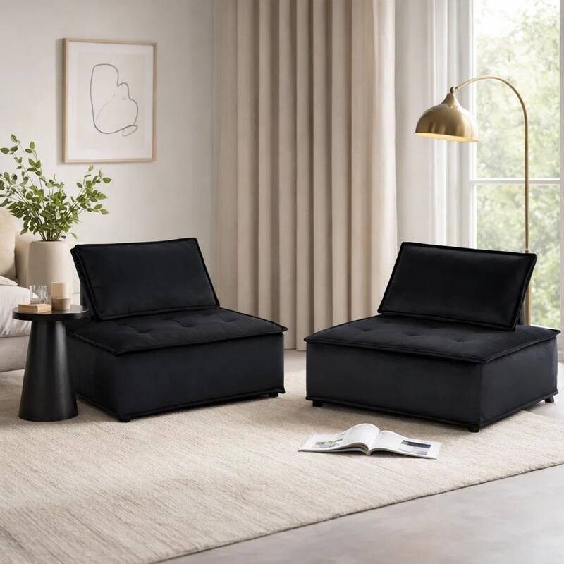 Nob 40 Inch Armless Lounge Chair, Set of 2, Tufted Seats, Black Velvet
