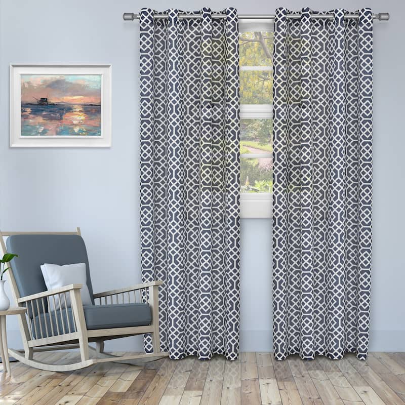 Superior Printed Honey Comb Sheer Grommet Curtain Panel Pair - 52' X 96' - Navy