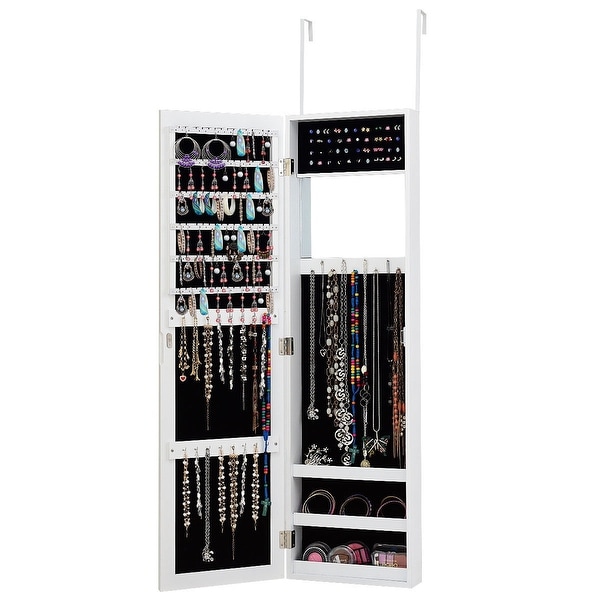 Wall Door Mounted Mirrored Jewelry Cabinet Storage Organizer-White