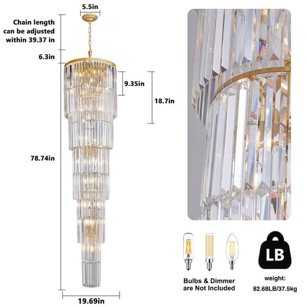 dimension image slide 0 of 2, KAYLA 125 in. 20-Light Gold Crystal Chandelier- High Ceiling Lighting Fixture - 78.7in