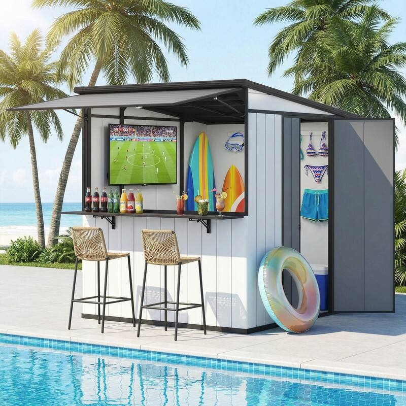 7x6 FT Outdoor Metal Storage Shed, Foldable Bar Counter & Hydraulic Overhang, Lockable Backyard Cabana - 7x6 FT