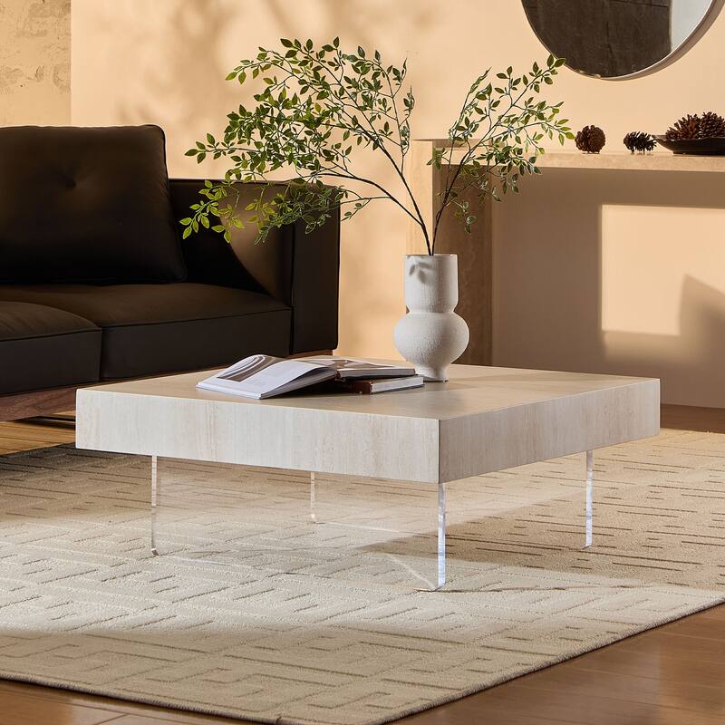 Square Faux Travertine Pattern Coffee Table with Acrylic Legs