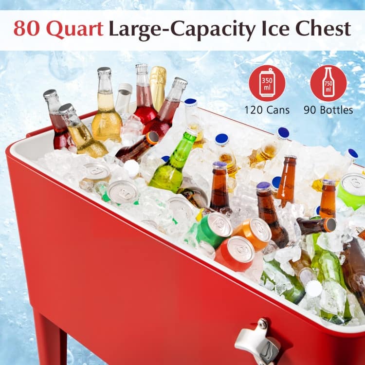 Metal Rolling Cooler Ice Chest with Wheels, Insulation and Bottle Opener - 36" x 15.5" x 34.5"