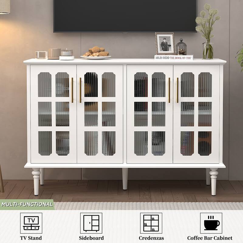 Solid Wood Buffet Cabinet, Lattice Glass Doors with Adjustable Shelves