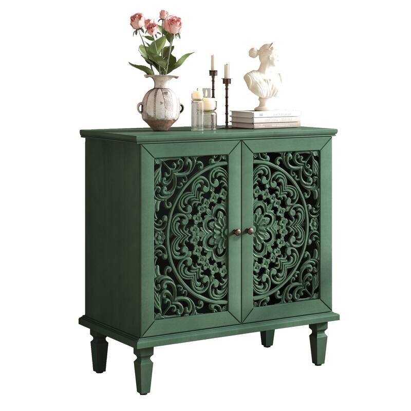 Roomfitters 2-Door Hollow-Carved Accent Cabinet, Symmetrical Floral Sideboard with Adjustable Shelf