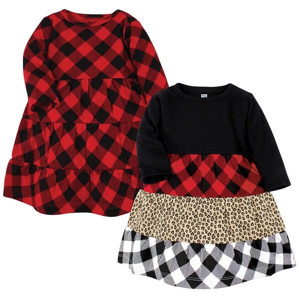 slide 1 of 1, Hudson Baby Girl Cotton Dresses, Buffalo Plaid Leopard 3-6 Months - Buffalo Plaid Leopard Black