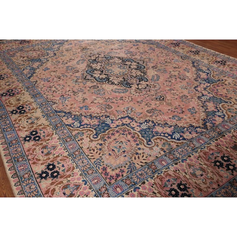 Vegetable Dye Pink Yazd Vintage Persian Area Rug Handmade Wool Carpet - 9'7" x 12'5"