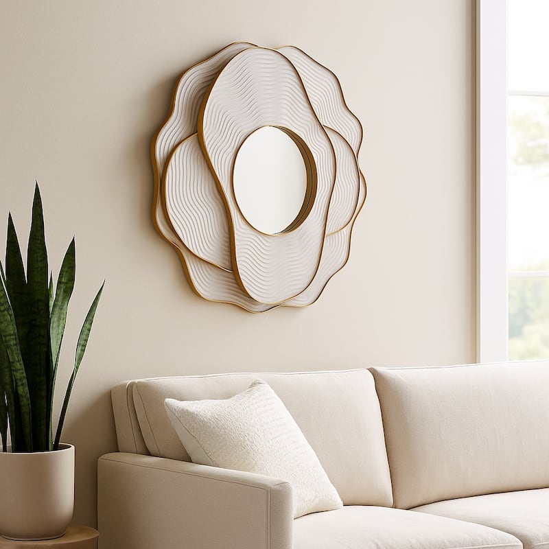 Decorative Large Square Layered Wood Wall Mirror - 39", Ivory & Gold - 39.0"