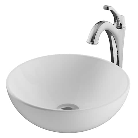 Kraus 3-in-1 Set White Round Ceramic Vessel Sink Arlo Faucet w/ Drain