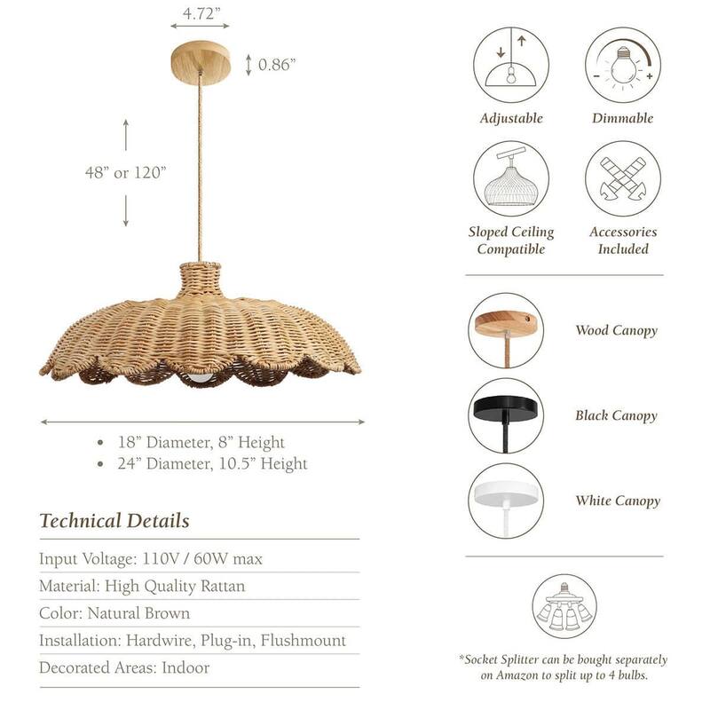 Aurelia Rattan Pendant Light - Natural Hardwired Light Fixture for Kitchen Island or Dining Room in Boho or Coastal Style