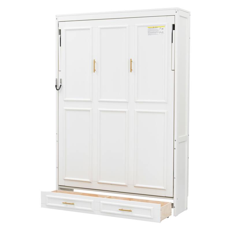 Space-Saving Full Size Murphy Bed with 2 Drawers, Beige Finish