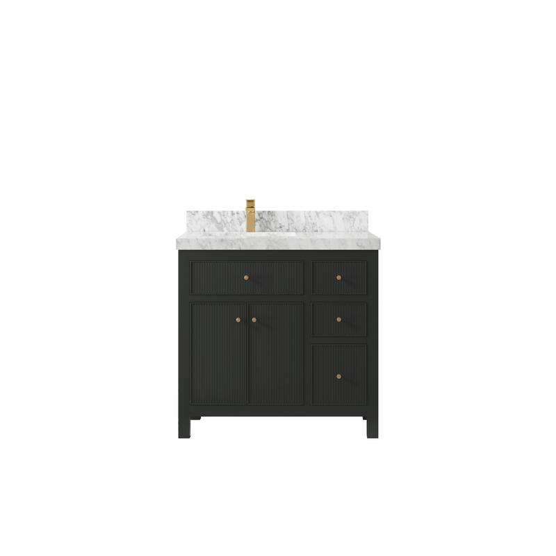 Willow Collections 36 in W x 22 in D Sonoma Left Offset Free Standing Reeded Bathroom Vanity with Countertop - 2" Carrara Marble - Black Top