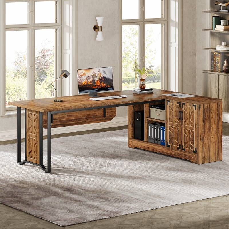 78" L-Shaped Executive Desk, Large Office Desk with Double-Door Storage Cabinet