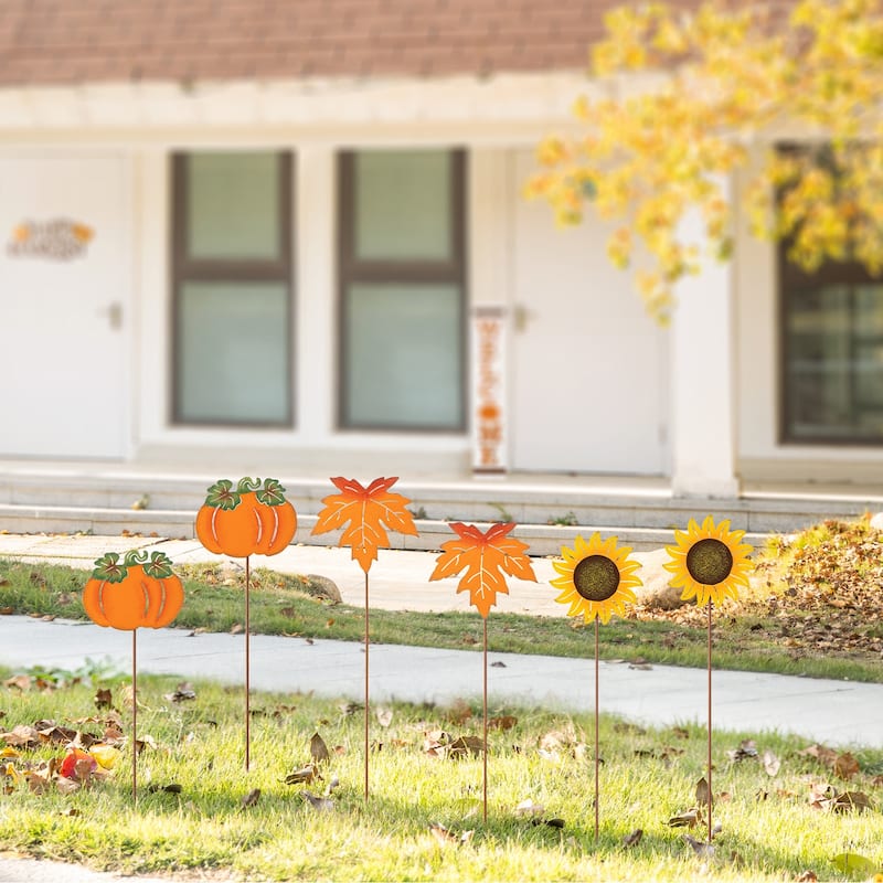 Glitzhome Set of 6 18"H Thanksgiving Metal Pumpkin, Leave & Sunflower Yard Stake