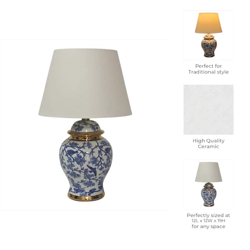 Ceramic Table Lamp Floral Bird Print with Accent Glam Decor - 19" Blue - 12" x 12" x 19"