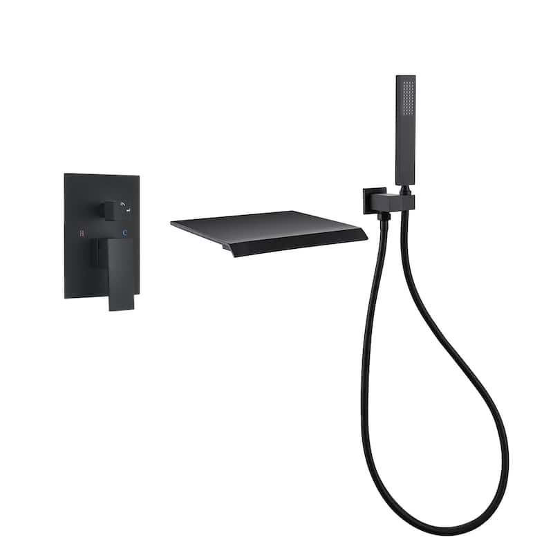 PROOX Bathroom Waterfall Tub Faucet Wall Mount Tub Filler Single Handle Bathtub Faucet with Hand Shower - Black