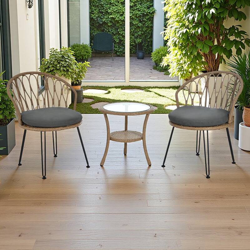 3-Piece Outdoor Patio Rattan Conversation Leisure Chairs Set with 2 Chair and Glass Coffee Table - Grey