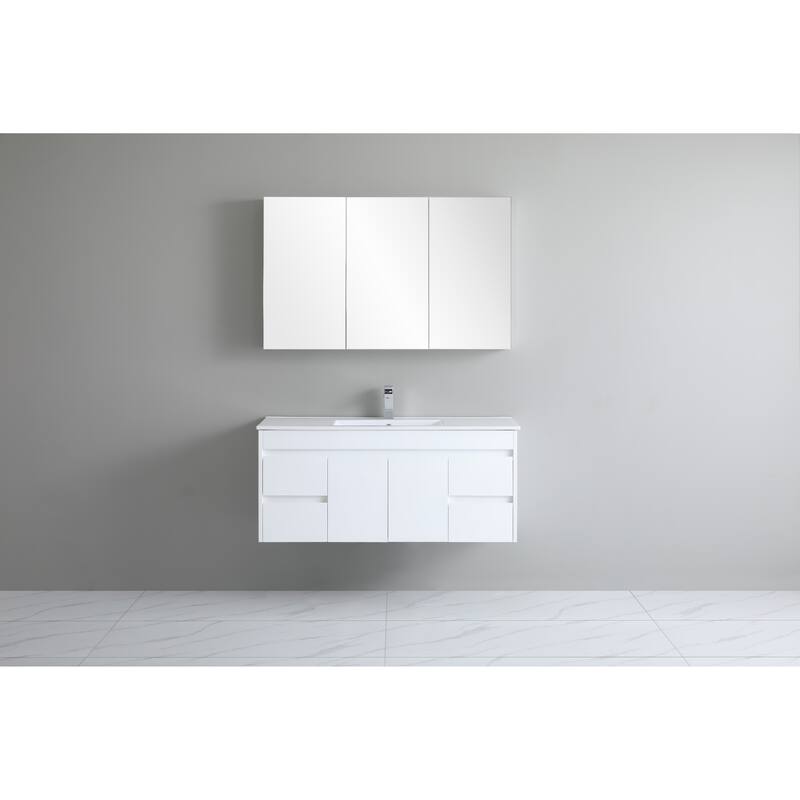 CB HOME 24"/30"/36"/48"/60" Pure White Bathroom Vanity, Floating Wall Mounted Cabinet w/ Integral Ceramic Sink Basin Countertop