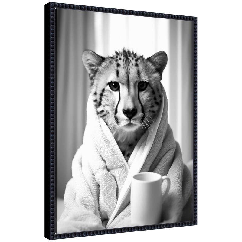 Kate and Laurel Sylvie Cheetah Bathroom Art Towel Robe Black and White Framed Canvas by The Creative Bunch Studio - 18x24 - Black