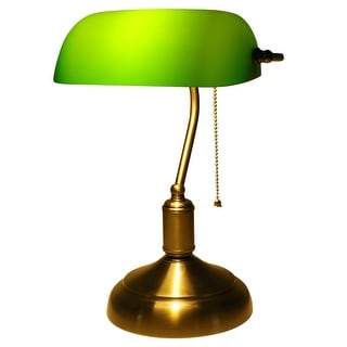 Antique Green Glass Bankers Desk Lamp Table Light w/ Pull Chain Switch - 9x7x15"