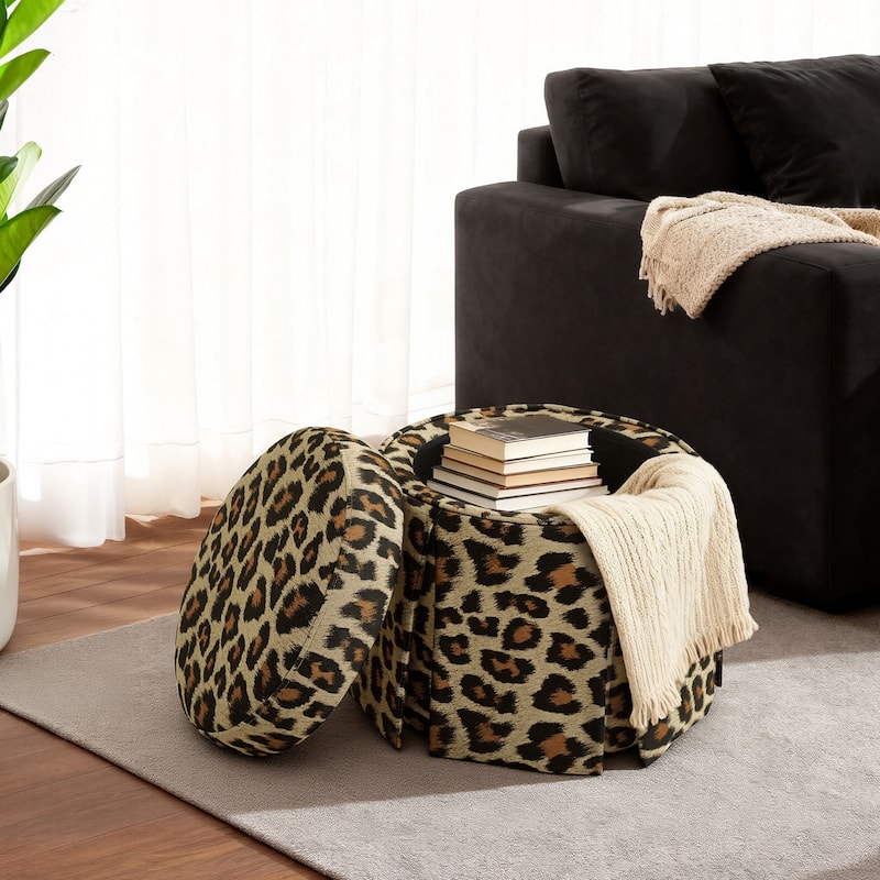 Round Storage Ottoman Footstool with Acacia Solid Wood Frame