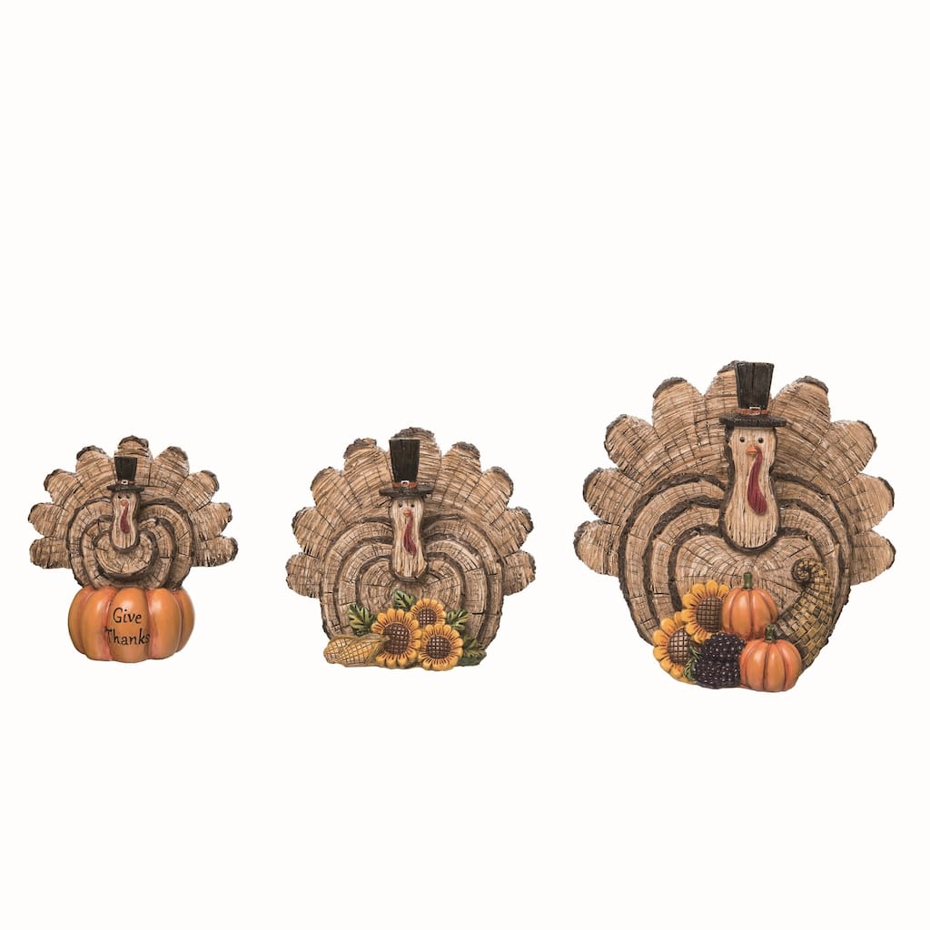 Transpac Resin 9.75 in. Multicolor Autumn Woodcut Turkeys Set of 3