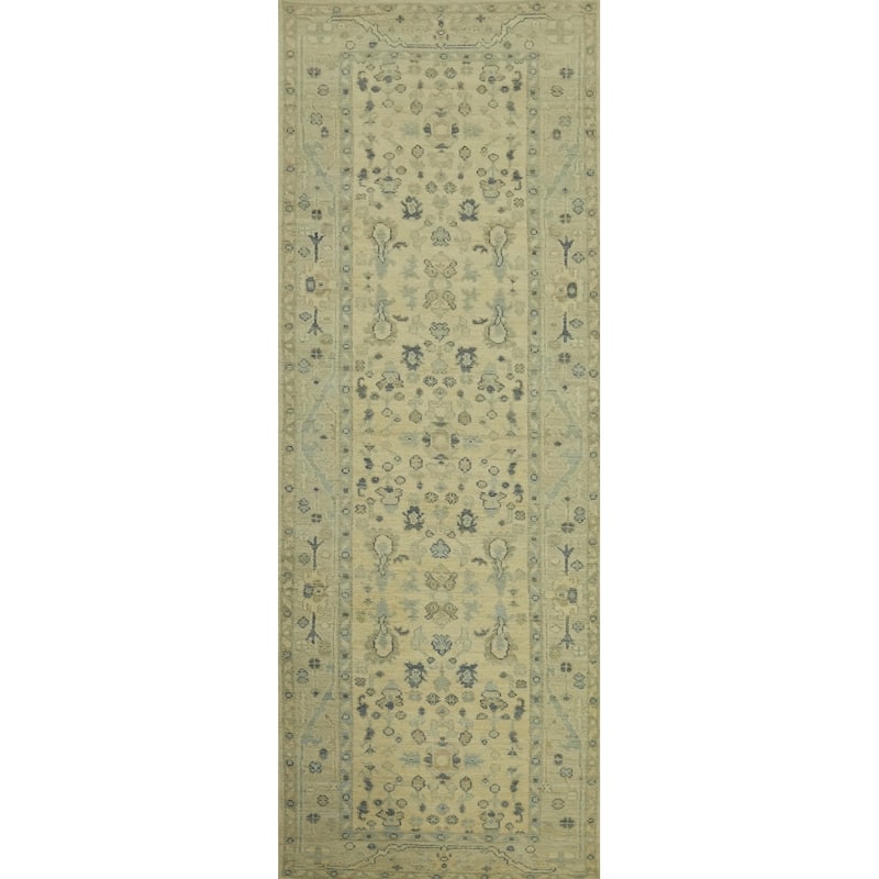 Earth Tone Wool Oushak Vegetable Dye Runner Rug, Floral Geometric Carpet - 9' 8'' X 2' 11''