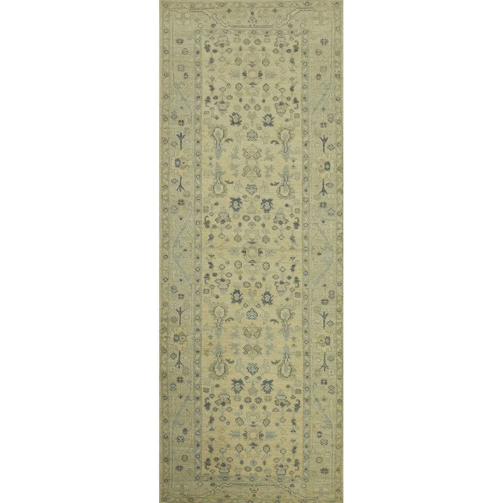 Earth Tone Wool Oushak Vegetable Dye Runner Rug, Floral Geometric Carpet - 9' 8'' X 2' 11''