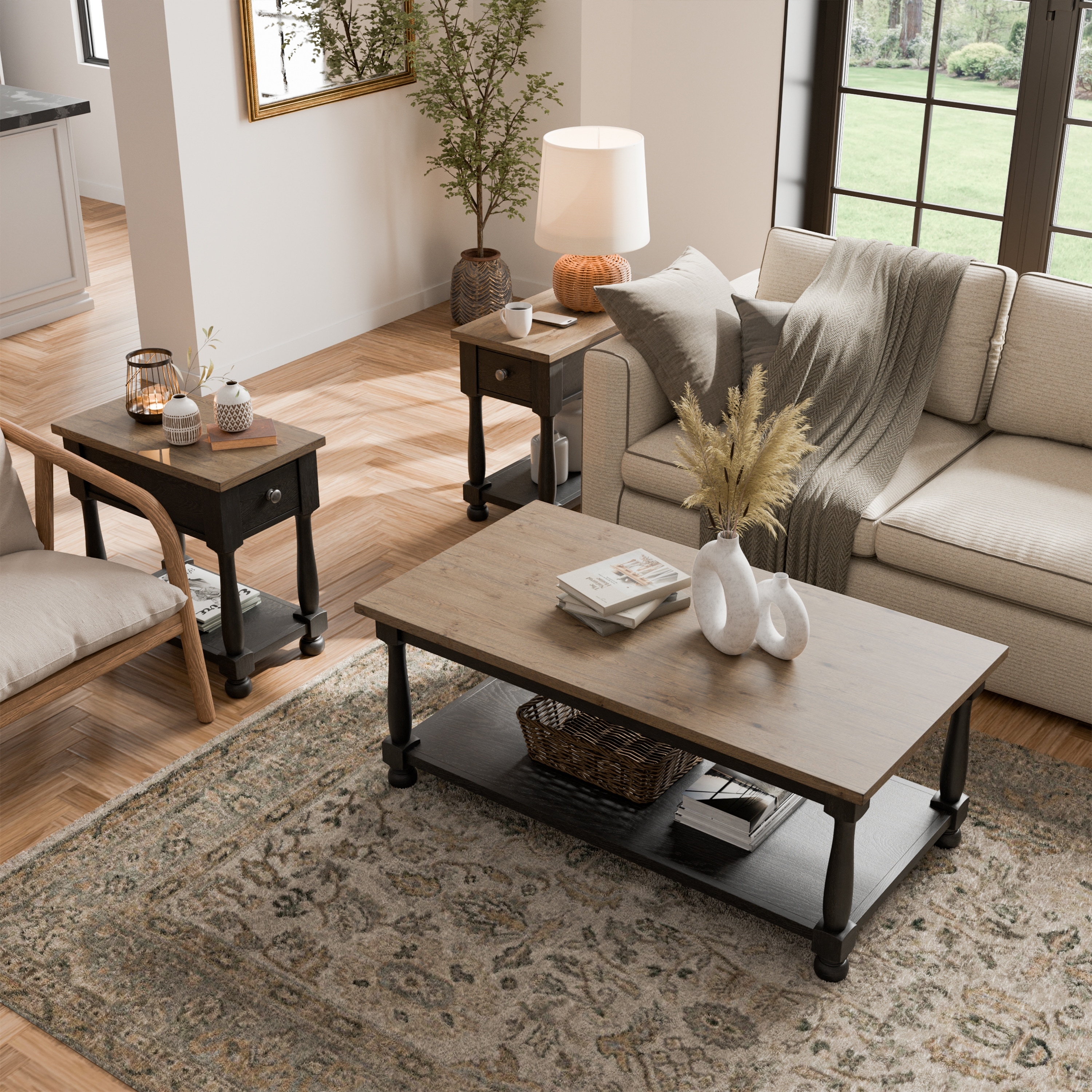Furniture of America Lucan Farmhouse Weathered Black Acacia Wood 3-Piece Accent Table Set