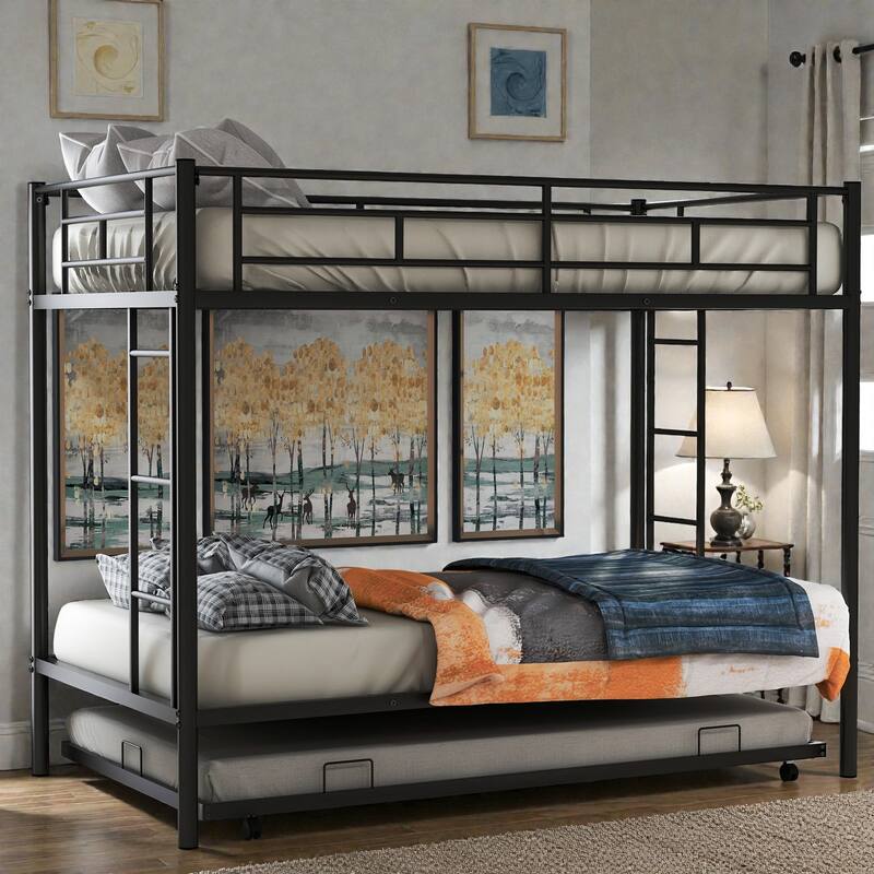 Twin over Twin Metal Bunk Bed with Trundle, Space Saving Bunk Bed with Ladder and Guardrails - Black - Twin