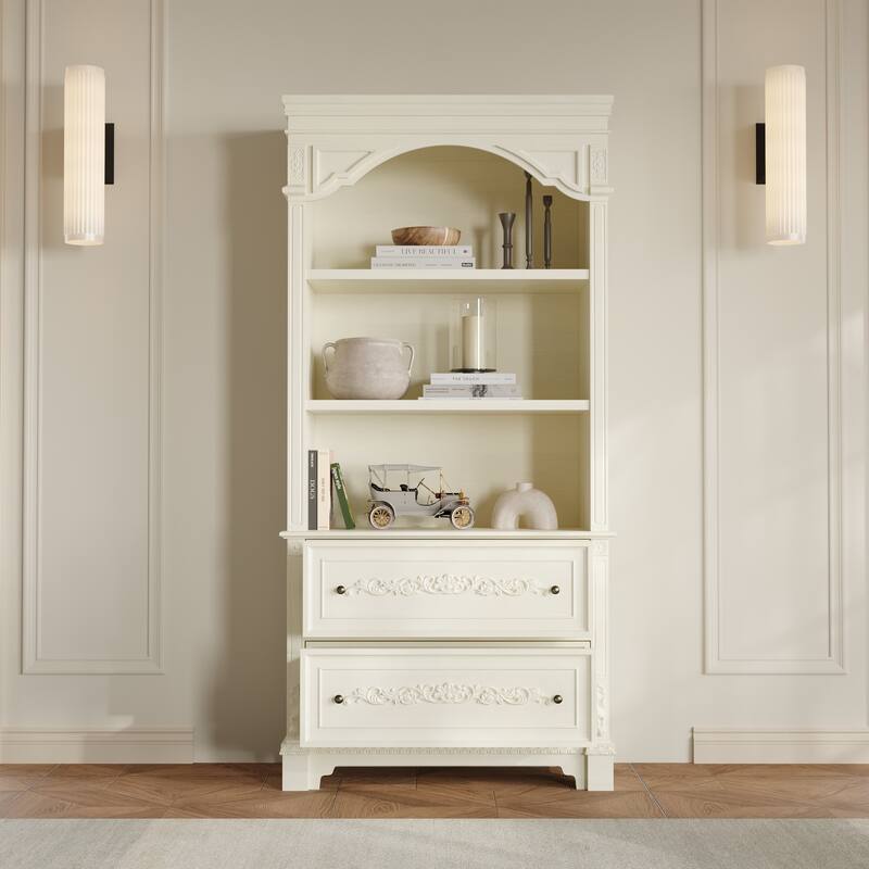 Vintage White Display Cabinet with Shelves and Drawers, Antique Bronze Handles, Hand-Rubbed Finish, Elegant Bookshelf