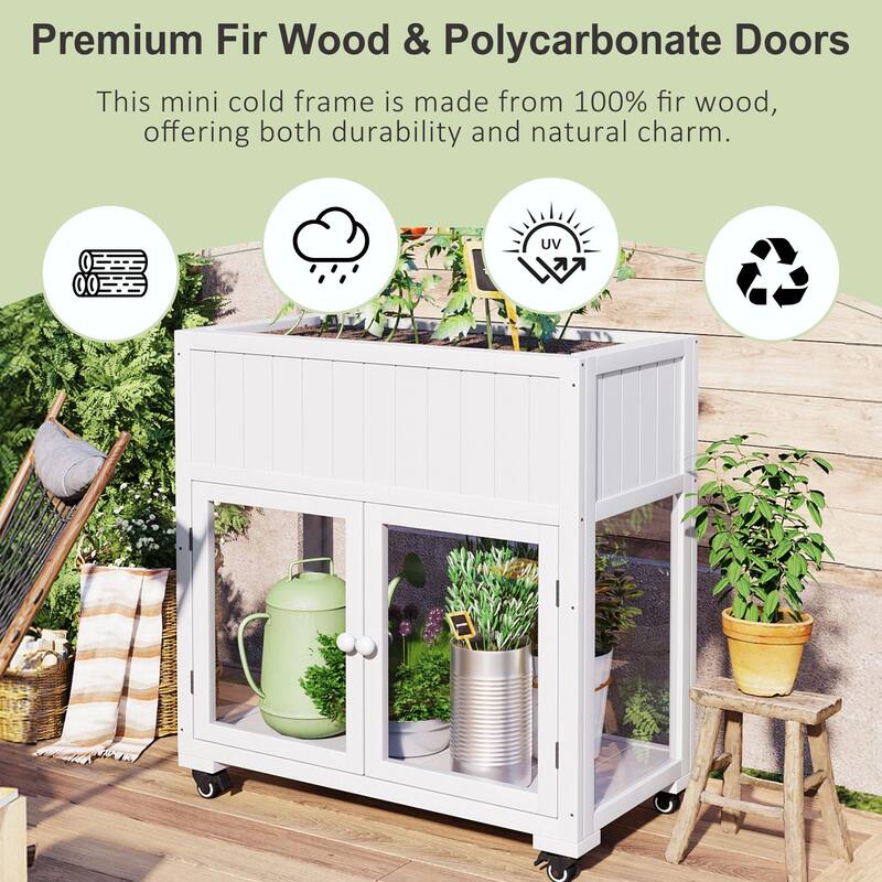 2-Door Mini Wood Cold Frame - Compact Garden Greenhouse with Wheels and Raised Bed Liner