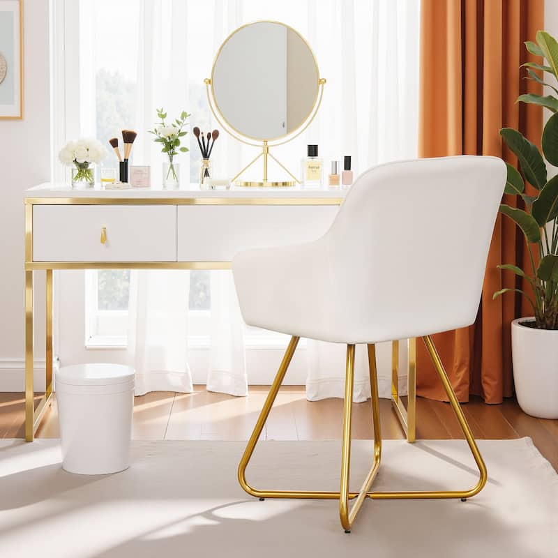 VECELO White Mid-Century Modern Accent Chair PU Leather Vanity Chair with Gold Cross Legs and Wide Armrests for Living Room